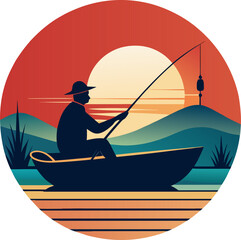 Silhouette of a lone fisherman in a small boat casting a line on calm waters against a vibrant retro sunset over serene mountains and a peaceful horizon.
