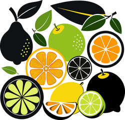 Abstract vector illustration of colorful citrus fruits, including lemons, limes, oranges, and grapefruits, with leaves, perfect for fresh designs and healthy concepts.