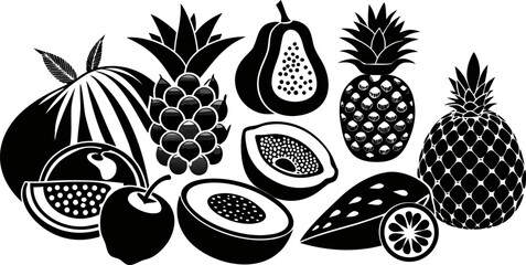 Monochrome vector silhouette illustration of a diverse collection of fresh and tropical fruits, including pineapple, papaya, watermelon, apple, coconut, grapes.