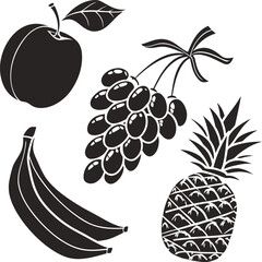 Stylized monochrome collection of common fresh fruit silhouettes including apple, banana, grapes, and pineapple, isolated for various design applications.