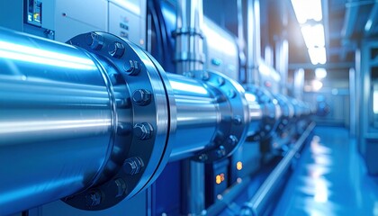 A high-angle shot showcases shiny, blue-toned metal pipes in an industrial
