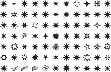 A diverse collection of black star and sparkle shapes, featuring various designs and styles