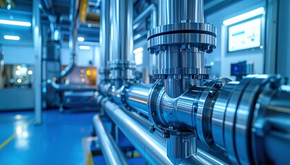 A detailed, blue-toned shot showcases a complex network of shiny metallic pipes and industrial