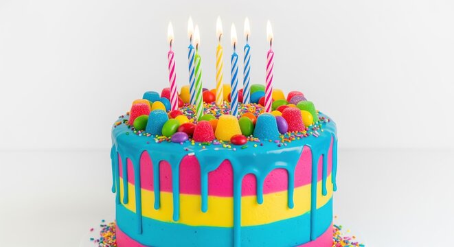 Bright birthday cake with blue dripping frosting and yellow layers topped with colorful candies and lit striped candles. Perfect for celebration cards, party invitations, or festive designs.
