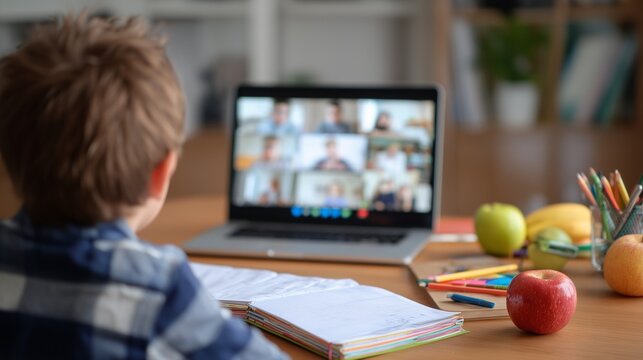 Child listening to teacher and classmates during remote education at home