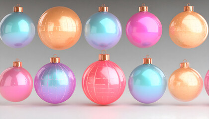 Groovy Retro Repeat, Christmas: Festive ornaments glow with neon light, creating funky and psychedelic pattern, radiating delightful disco vibe