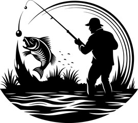 Silhouette of a keen angler fishing in a serene lake or river, reeling in a large, jumping fish. classic black and white vector illustration depicting the joy of sport fishing and outdoor hobby