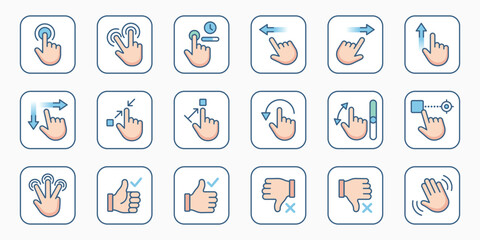 Touch Gesture Control Line Vector Icons Set Tap, Swipe, Zoom, and Drag in Blue and Pink