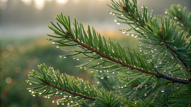 Pine branch with dew drops in misty forest during morning light