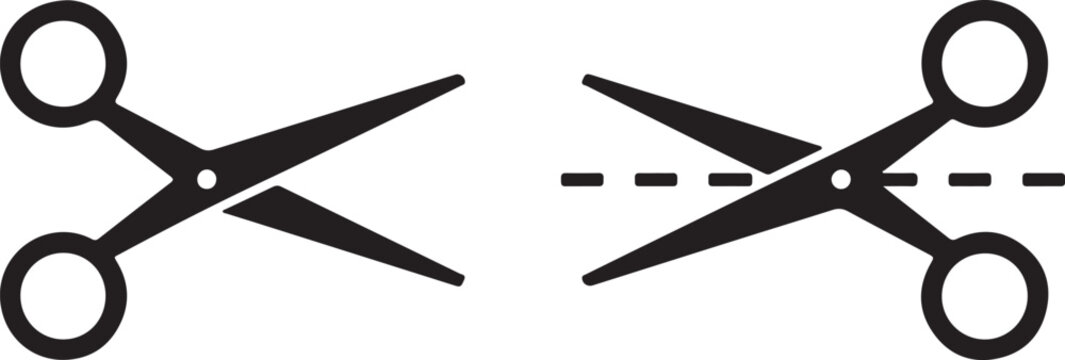 Two black scissor icons, one with a dashed cut line, representing cutting, instructions, or coupons