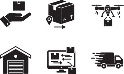 Modern logistics and delivery service icons featuring drone, truck, warehouse, and online order tracking for efficient global shipping solutions