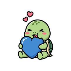 Cute turtle character holding a blue heart with love hearts above  