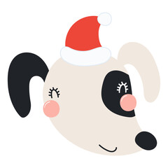 Dog in a Santa Claus hat isolated on transparent. Hand drawn flat vector illustration. Cute cartoon character. Traditional Christmas, New Year, seasonal design element, holiday clip art