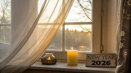 Cozy window scene with candles and New Year 2026 decoration