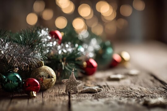 Festive christmas evergreen branch adorned with shiny baubles and twinkling lights creating a warm holiday atmosphere