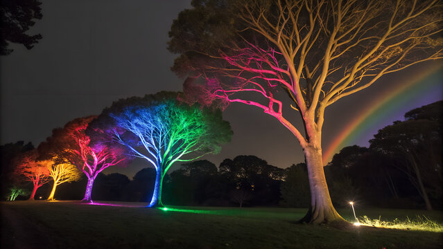 trees glowing with vibrant rainbow edges.