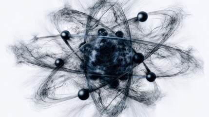 Abstract representation of an atomic structure with black ink on a white background, showcasing interconnected spheres and lines