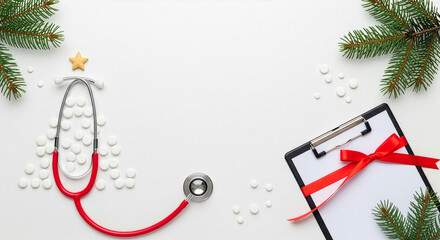Medical Christmas Concept. Stethoscope with Holiday Decorations and 2026 New Year
