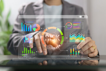 Risk management and analysis concepts, big business data digital technology interacting with AI and human hands, virtual graphs on laptop screens, strategic marketing assessments, GDP growth.