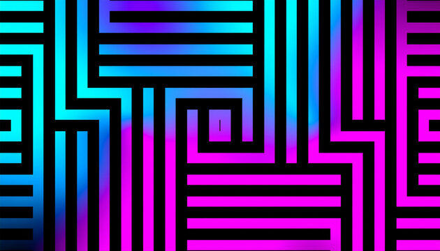 Maze-like black line pattern over a cyan-to-magenta gradient, geometric labyrinth with a central marker, modern abstract background for design, puzzles, and digital art.