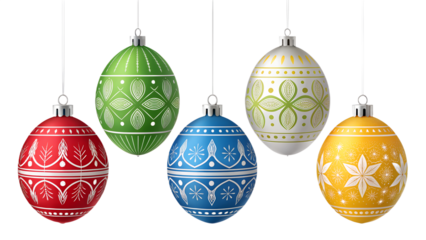 ornate Christmas ornaments, hanging, vibrant colors, intricate patterns, reflective surfaces, holiday decor, 3D render, studio lighting
