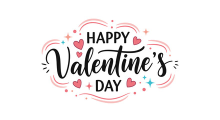 Happy Valentines Day decorative lettering with hearts and swirls.
