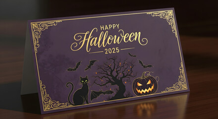 Elegant Happy Halloween 2025 greeting card featuring a black cat, spooky tree,bats and a glowing pumpkin, perfect for invitations and festiveal announcements Generative AI