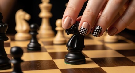 Elegant hand moving black chess knight on wooden board, strategic game for competition and intellectual challenge