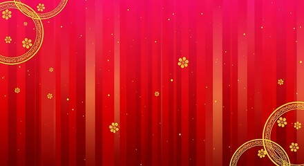 Chinese new year illustration of abstract red background with vertical stripe pattern and gold floral accent