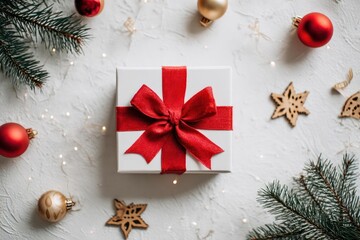 Overhead view of a beautifully wrapped white christmas gift box adorned with a large red satin bow surrounded by festive ornaments and pine branches on a light textured background