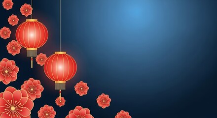 Chinese new year illustration of chinese new year celebration with glowing red lantern and flower border