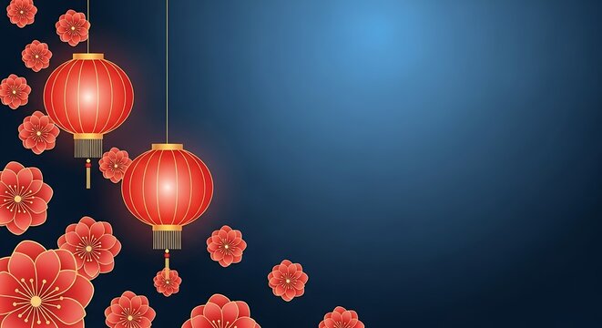 Chinese new year illustration of chinese new year celebration with glowing red lantern and flower border - Powered by Adobe