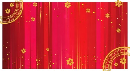 Chinese new year illustration of abstract red background with vertical stripe pattern and gold flower accent