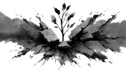 A resilient plant sprouting through a crack in a rough concrete surface, symbolizing growth and perseverance