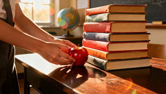 Person placing a red apple next to a stack of books on a desk.