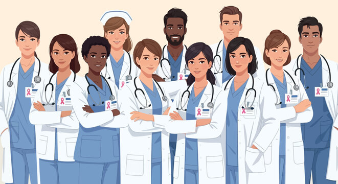 Diverse group of medical professionals standing together, showcasing unity and expertise in healthcare