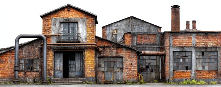 Old abandoned factory with broken windows and exposed bricks, showcasing industrial decay and fading structures