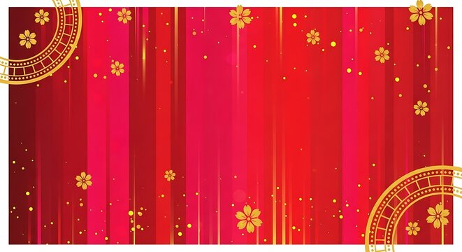 Chinese new year illustration of abstract red background with vertical stripe pattern and gold flower accent - Powered by Adobe