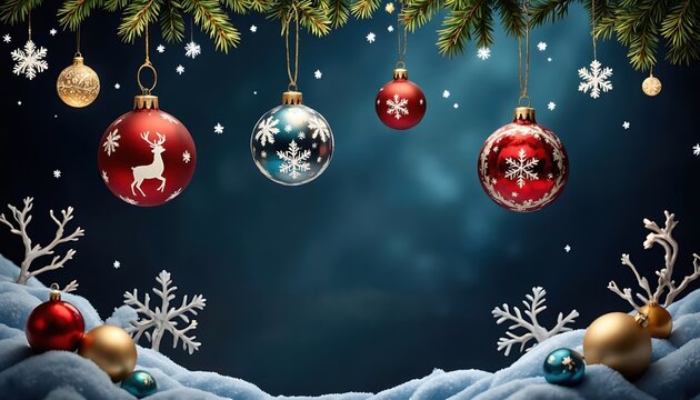 Christmas balloons with snowflakes and reindeer hanging on fir branches against a festive snowy winter landscape with blue background and space for text - Powered by Adobe