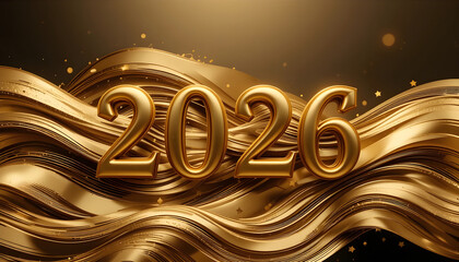 Luxurious golden 2026 numbers on a dark wavy fabric background new year