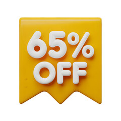65_ sale Off Banner 3d icon in cartoon plastic style minimal isolated on transparent white background, clipping path
