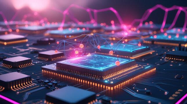 A macro shot of a green electronic circuit board showing microchips and digital components for computer technology