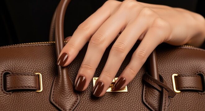 Elegant woman's hand with stylish dark brown nails resting on a luxurious leather handbag showing feminine beauty and fashion trends