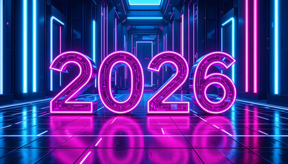 Neon 2026 numbers in futuristic corridor with pink and blue lights year new year