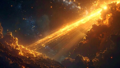 Digital art depicts a golden light beam piercing through dark clouds. Space elements are visible with golden hues