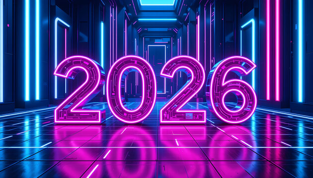Neon 2026 numbers in futuristic corridor with pink and blue lights year new year