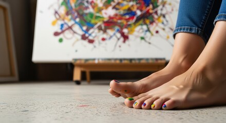Obraz premium Creative freedom flows as a relaxed artist takes a break with vibrant toes in a colorful art studio surrounded by creative energy