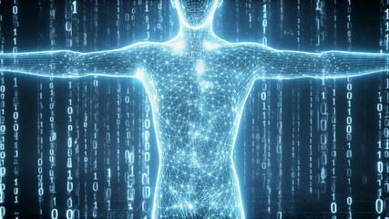 Futuristic digital human figure with glowing binary code, representing technology and data integration - Powered by Adobe