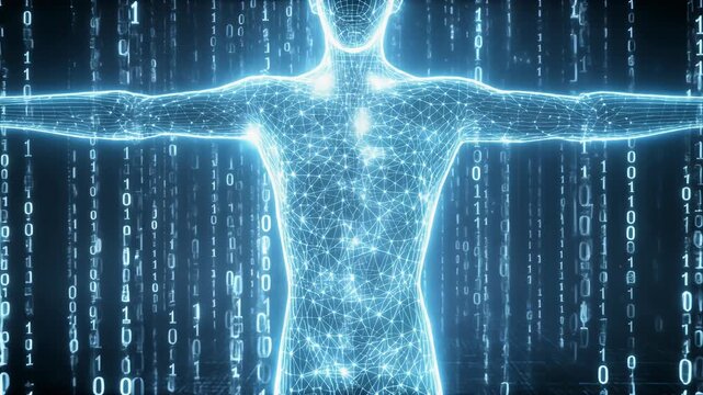 Futuristic digital human figure with glowing binary code, representing technology and data integration - Powered by Adobe