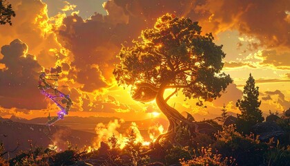 The image showcases a serene landscape with a prominent tree silhouetted against an intense, golden